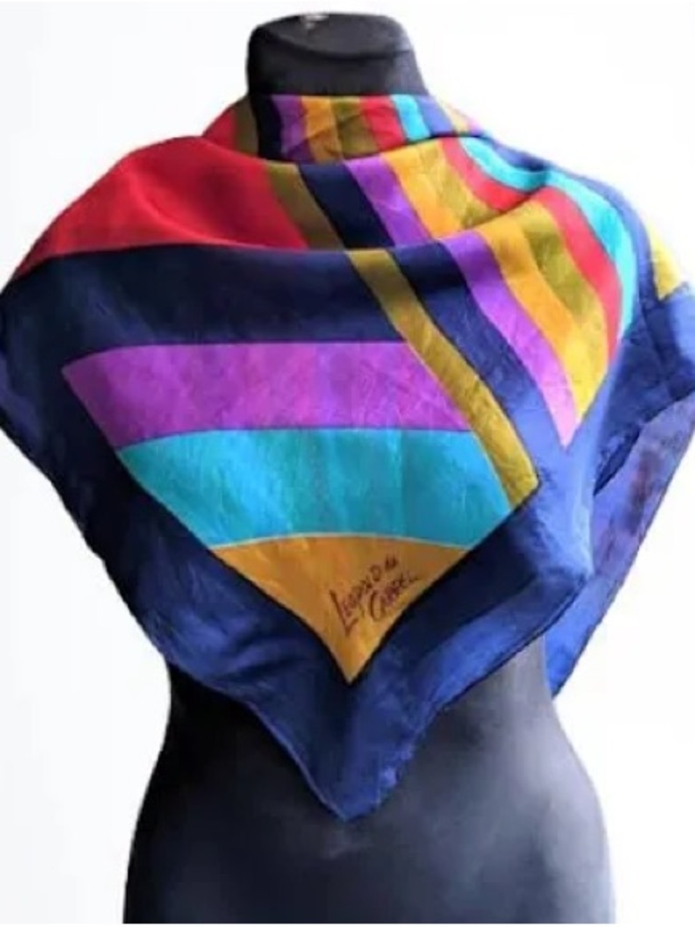 Vintage Multicolor Geometric Silk Scarf - Navy with Red, Purple & Teal Accents